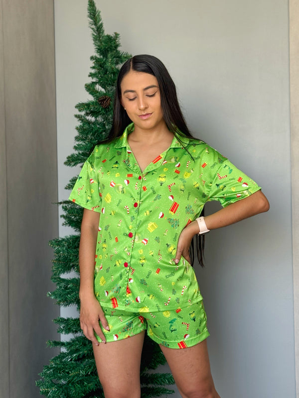 Pijama Manga Corta y Short Estampado del Grinch Navideño